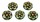 A set of brightly coloured dark buttons decorated with red scarlet pimpernel flowers and gold motifs 